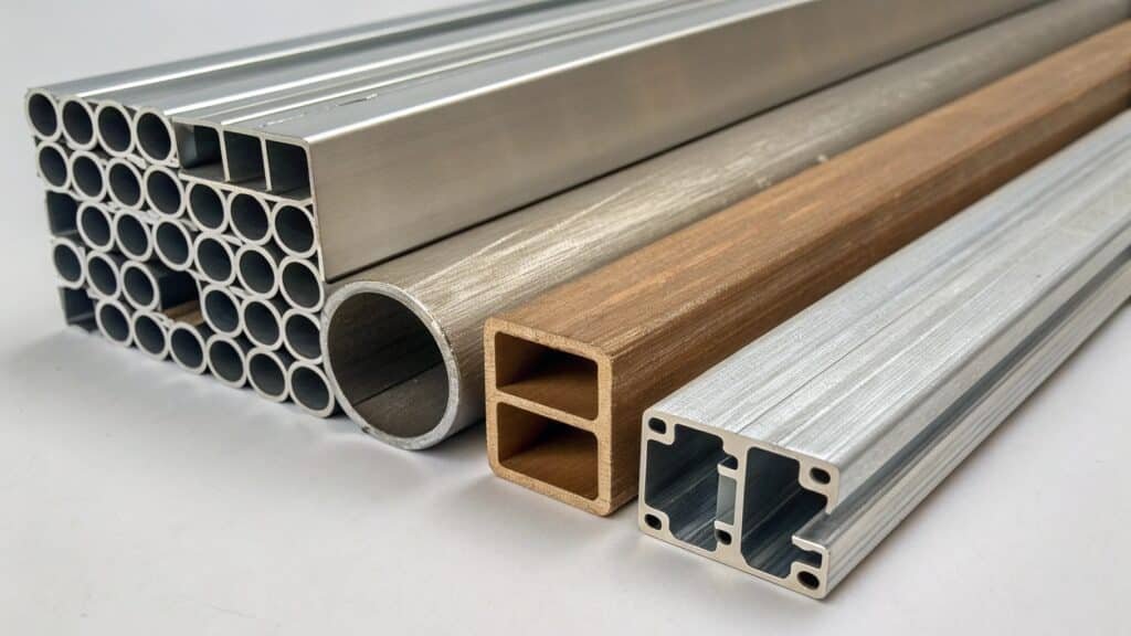 A display of four different aluminum products labeled with their alloy grades: a 6061 flange, a 7075 bracket, a 5052 panel, and a 2024 structural beam.